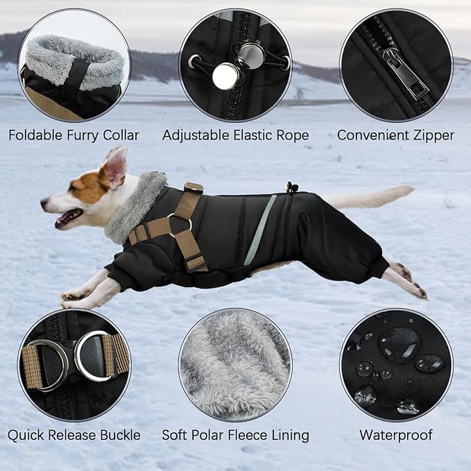 BRKURLEG Black Dog Coat with Harness, Dog Winter Jacket, Dogs Onesie Body Warm Jackets, Small Dogs Winter Coats Reflective Windproof Warm Cold Weather Coats, Pet Waterproof Jacket Hiking XL