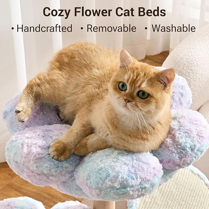 Aesthetic Flower Cat Tree Tower with Scratching Post for Indoor Cats, 30" H Modern Cat Tree with Natural Solid Wood Branch, Fluffy Cat Beds Removable & Large Scratching Board, Sakura Pink