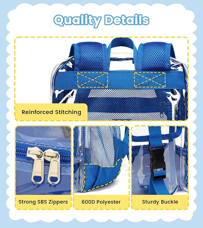 Vorspack Clear Backpack for School - Heavy Duty Transparent Bookbag for Girls Boys Large See Through backpacks for Work, College, Travel - Blue