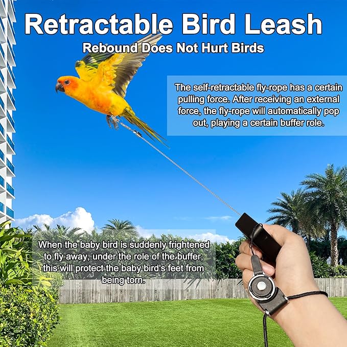 Retractable Bird Leash,Parrot Flying Rope,Anti-Bite Wire Rope Parrot Leash,Adjustable Bird Harness for Training,with 5pcs Alloy Foot Rings,for Budgies,Cockatiels,Crested Cockatoo,Macaws,20ft