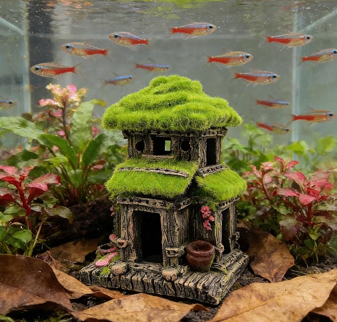 M2cbridge Aquarium Decorations Fish Hideout House Betta Cave with Green Lifelike Moss (Style 3)