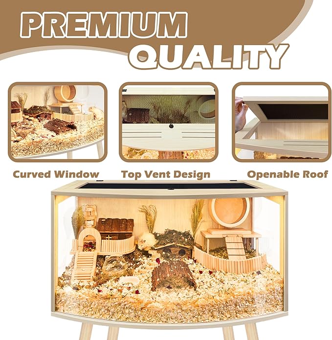 Prolee Hamster Cage with Curved Design,Chew Proof Wooden Hamsters Enclosure with Leg Stand and Openable Top or Gerbils,Hamster Habitat (24"x16"x16")