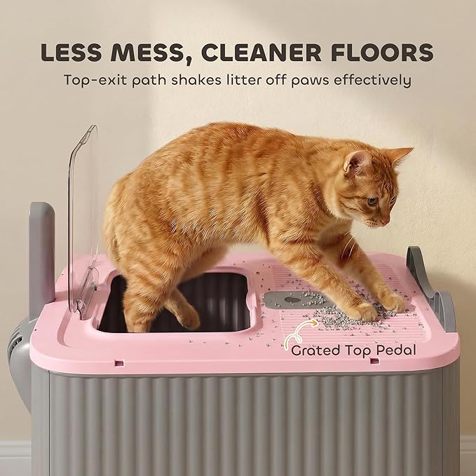 PawHut Cat Litter Box with Lid, Enclosed Litter Box for Medium Cats, Front-Entry and Top-Exit, Scoop, Deodorizer Bag, Easy Clean & Non-Sticky, Anti-Leakage, Pink