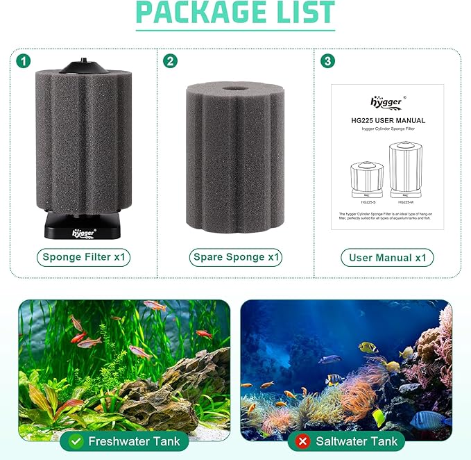 hygger Self-Sinking Sponge Filter for 30–75 Gallon Aquarium, Air Powered Foam Filter for Freshwater & Saltwater Tanks, Betta & Shrimp Safe