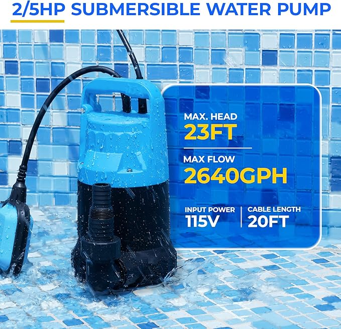 2/5HP Sump Pump 2640GPH Submersible Water Pump with Float Switch, Utility Pumps for Pool Draining, Basement Flooding, Garden Pond Low Water Level with 20ft Power Cord