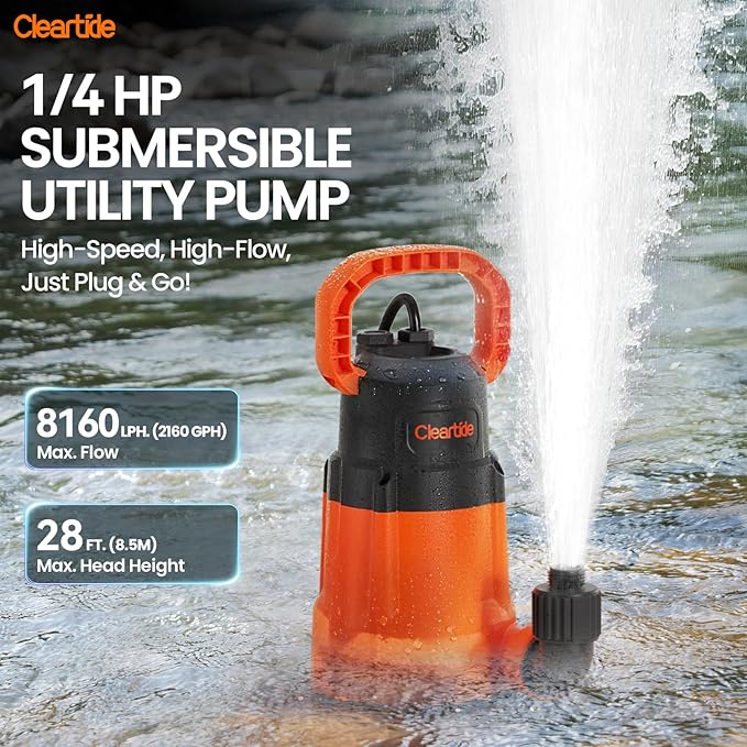 Cleartide Submersible Utility Water Pump, 8160 LPH High Flow, 100% Copper Motor, Thermoplastic Portable Plug & Work, Ideal for Pool, Flooded Basement, Hot Tub, Pond & Garden Draining,10 FT Cord