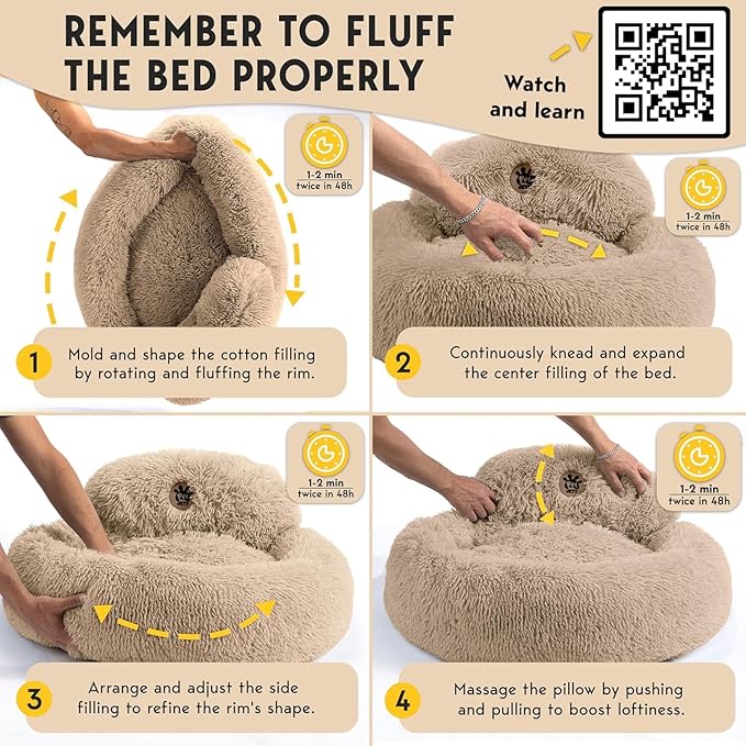 PetJett Calming Dog Beds for Small Dogs – 23" Donut Dog Beds, Anti-Slip & Washable Puppy Bed - Fluffy Plush Faux Fur Pet Bed, Anti-Anxiety Premium Comfort Round Pillow, Fits Dogs up to 25 lbs – Beige