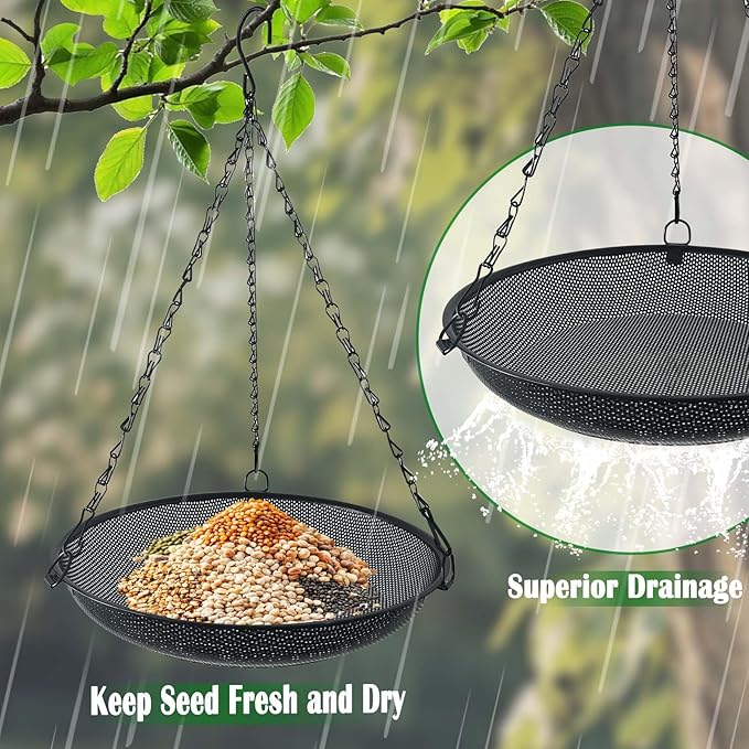 Hanging Bird Feeder for Outdoors – 12 in Platform Bird Feeder, Metal Mesh Seed Tray for Wild Birds, Black
