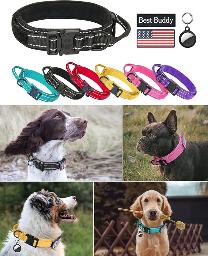 AUBELL Reflective Tactical Dog Collar,Adjustable Military Heavy Duty K9 Collars with Handle and Quick Release Metal Buckle Great for Medium Dogs, with Airtag Case and 2 Patches (Black,M)