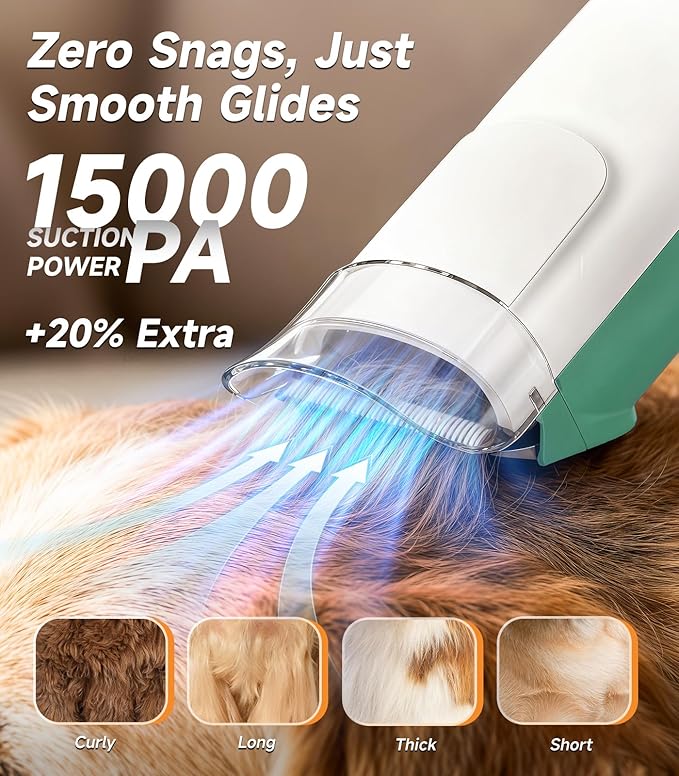 buenkee Dog Grooming Kit with Vacuum, 15000Pa Pet Hair Clipper and Shedding Brush, 50dB Low Noise, 2L Capacity, Green