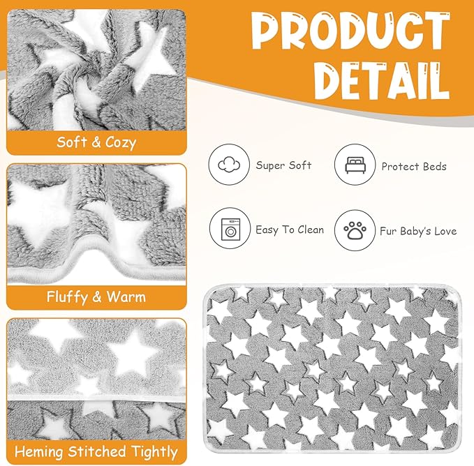 Tatuo 4 Pack Fleece Dog Blankets for Puppy Cats Multi-Size Sleep Mat for Pet Guinea Pig Soft Washable Crate Bed Puppy Teething Toys Print Pattern Warm Blanket Indoor(White,Grey,24 x 16 Inch,Star)