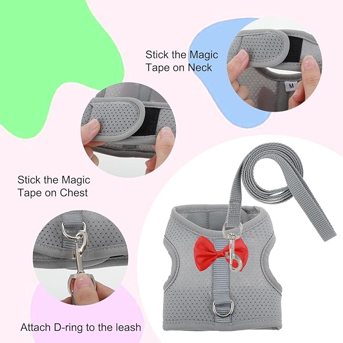 Bunny Harness and Leash Set, Escape Proof Rabbit Harness,Soft Breathable Mesh Rabbit Harnes with Bow and Metal Buckles for Rabbits, Kittens, Ferrets, Guinea Pigs,Pet Walking Gear