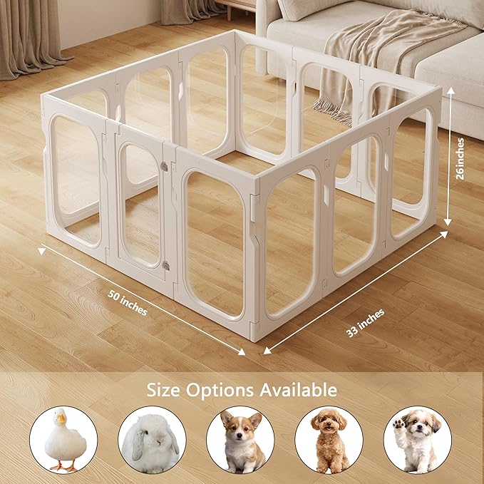 Acrylic Clear Dog Playpen Indoor with Door, 26'' H Transparent Dog Play Pen for Small Dogs, No-Connector Modular Puppy Playpen with Integrated Suction Cups Base, 12 Panels, White