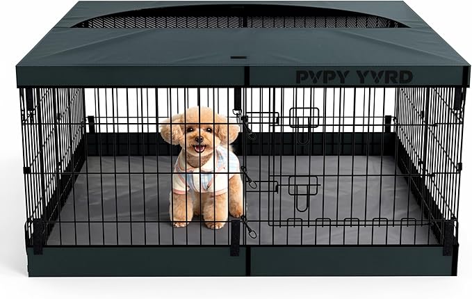 Dog Playpen with Top Cover and Bottom Pad - Foldable Metal Puppy Play Pen,24x24in 8 Panels Dog Playpen with Door for Indoor Outdoor,Heavy-Duty Pet Exercise Fence for Small Medium Animals