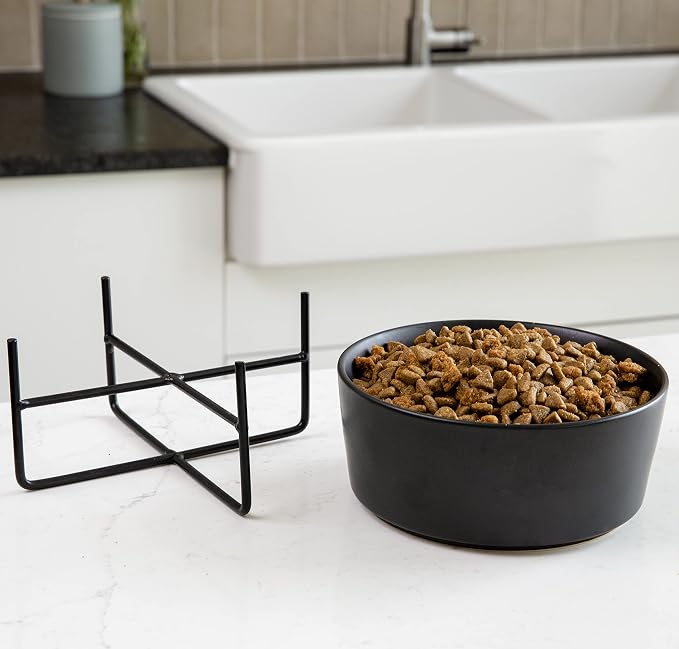 Waggo Simple Solid Dog Bowl and Dog Bowl Stand - Single Iron Stand with Single Ceramic Feeder or Water Bowl (Matte Black, Medium)