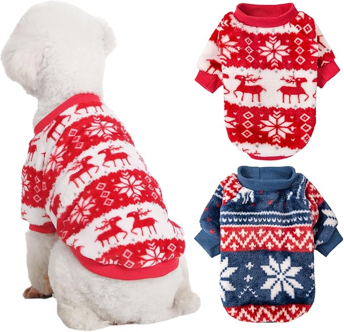 Dog Sweater, 2 Pack Dog Sweaters for Small Dogs, Dog Clothes for Small Dogs Girl Boy, Ultra Soft and Warm Puppy Sweater Dog Coat for Winter Christmas (Large, Xmas Red+Xmas Blue)