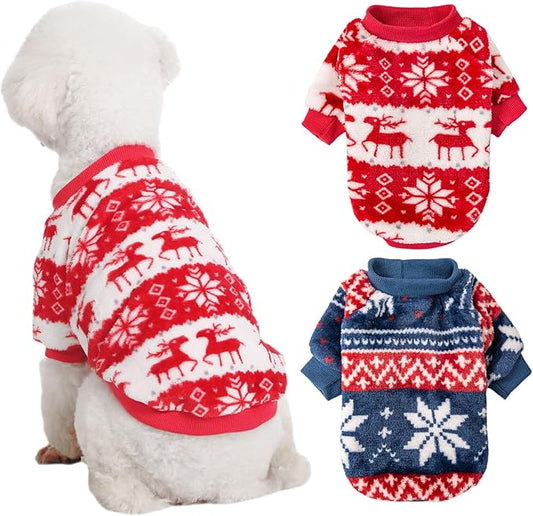 Dog Sweater, 2 Pack Dog Sweaters for Small Dogs, Dog Clothes for Small Dogs Girl Boy, Ultra Soft and Warm Puppy Sweater Dog Coat for Winter Christmas (XS, Xmas Red+Xmas Blue)