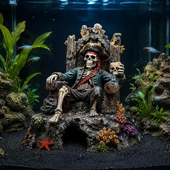 Pirate Skeleton Throne Aquarium Ornament Resin Fish Tank Hideout Cave for Small Fish Realistic Skull King Castle Decor 15cm Gothic Gothic Statues Freshwater Saltwater C