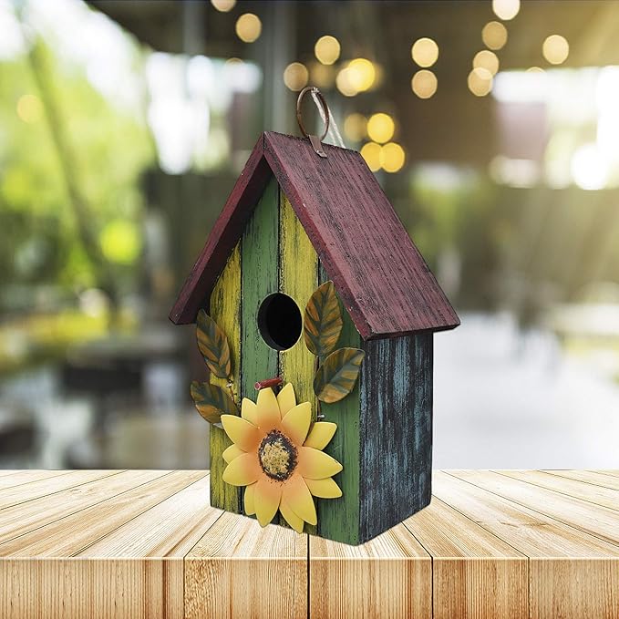 Morning View Wooden Bird Houses for Outside Set of 2 Decorative Hanging Nest Box Birdhouse Spring for Outdoor Small Birds Bluebird Finch Cardinals Wren Garden Yard 9.37 Inch Tall