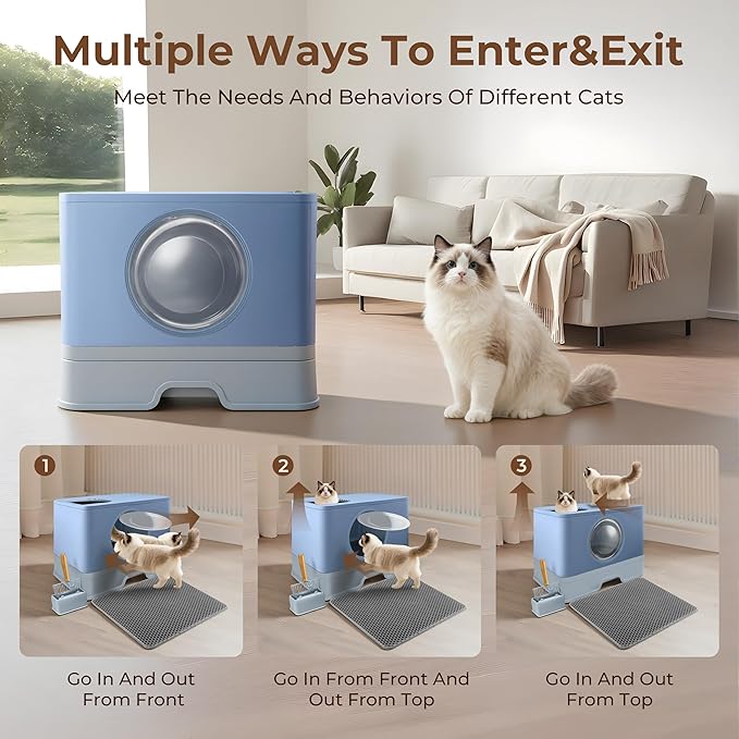 XXXL Stainless Steel Litter Box with Lid, Front Entry Top Exit, Extra Large Metal Cat Litter Box with Drawer, Maine Coon Cats, with Litter Scoop & Litter Mat, Anti-Odor, Anti-Leakage & Non-Stick