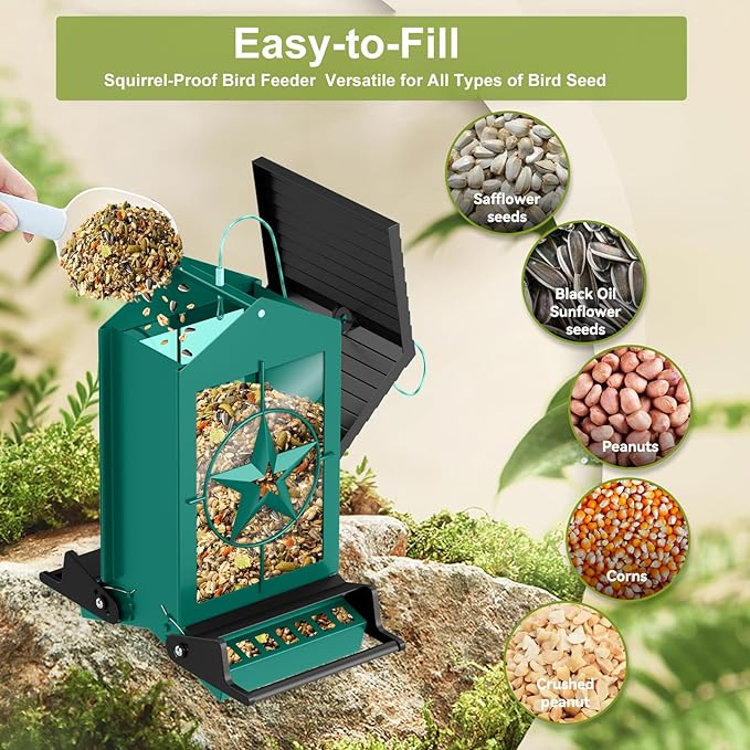 Squirrel Proof Bird Feeders for Outdoors with Weight-Activated, Metal 5LB Large Wild Bird Feeders for Cardinals,Blue Jay,Finch, Weatherproof Durable Hanging Bird Feeder for Backyard,Garden (Green)