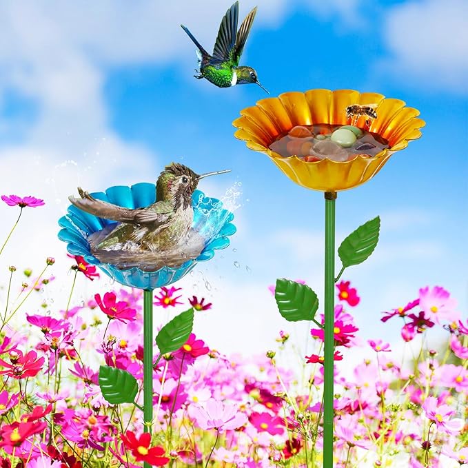 Large Bee Watering Station, 2 Pack Small Bird Bath for Outside, Metal Butterfly Feeders Bowl with 5.32'' Flower Design Bee Bath for Garden Decor