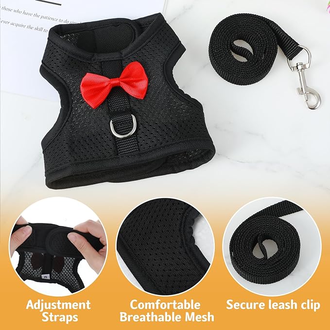 Bunny Harness and Leash Set, Soft Breathable Mesh Rabbit Leash Vest with Safety Buckles, Lightweight Escape-Proof Walking Gear for Rabbits, Kittens, Ferrets, Guinea Pigs, Black M