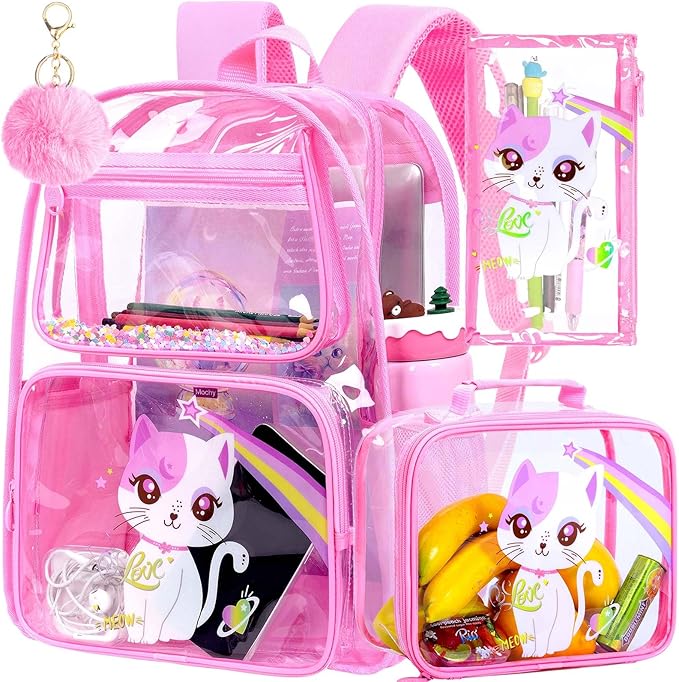 KLFVB 3PCS Clear Backpack for Girls and Boys, Kids See Through Backpacks Stadium Approved, Transparent Bookbag for Elementary