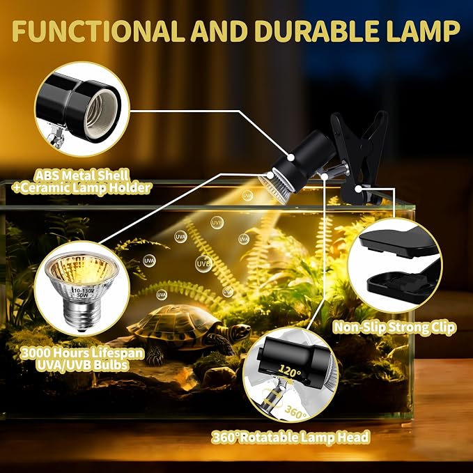 GOZILLA Reptile Heat Lamp, Turtle Lamp with 360°Rotatable Timing & Dimming Cycle Timer, 25W+50W UVA/UVB Reptile Light Bulbs for Reptile and Amphibian Tanks, Terrariums and Cages.(Black)