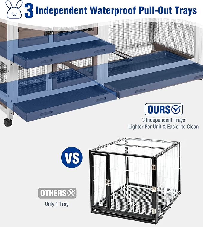 Large Rabbit Hutch Indoor, Bunny Cage Outdoor with Chew-Proof Ramp, 2-Story Guinea Pig Cages with 6 Wheels, 3 Pull-Out Trays, Waterproof Asphalt Roof, 62" L - Brown
