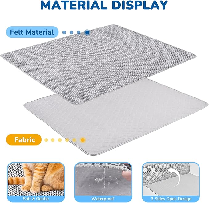 BurgeonNest Cat Litter Mat 47" x 35" Upgraded Felt & Fabric Material Cat Trapping Mat for Fewer Creases, Extra Large Hold 3-4 Litter Boxes Urine-Proof Non Slip, Machine Washable, Soft on Paws, Grey