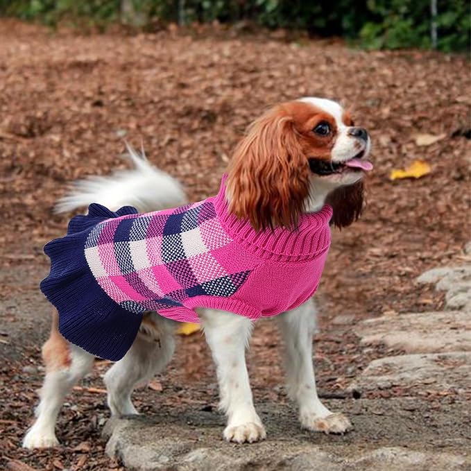 Dog Sweater Dress Plaid Knitwear for Small Medium Dogs Warm Puppy Pet Turtleneck Stretch Pullover Cute Fall Winter Vest Clothes with Leash Hole for Christmas (Navy, L)