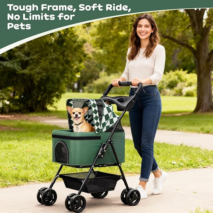 Foldable pet Stroller for Cats with Detachable Weather Cover, 4 Wheels Pet Strolling Cart for Dogs and Cats with Storage Basket and Cup Holder（Green）
