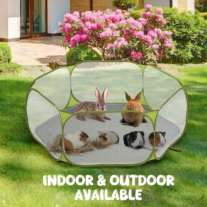Pawaboo Small Animals Playpen with Pad, Waterproof Small Pet Cage Tent with Reusable Pad, Portable Outdoor Yard Fence for Chick/Kitten/Puppy/Guinea Pig/Rabbits/Chinchillas, Green + Grey
