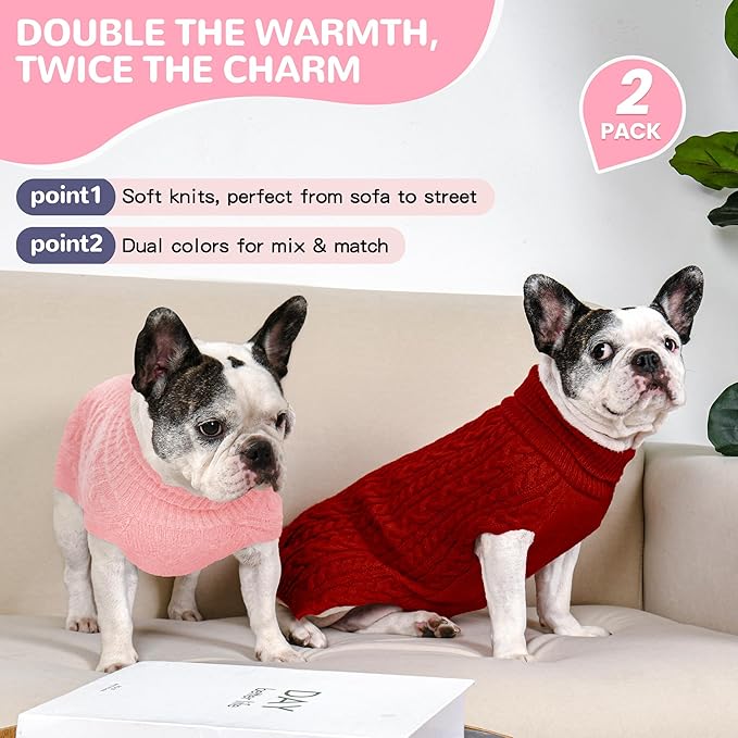 2 Pack Dog Sweaters for Medium Dogs Winter Turtleneck Pullover Cable Knit Fleece Stretch Frenchie Dachshund Pug Corgi Beagle Boy Girl Pet Clothes (M, Pink & Red)