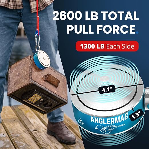 AnglerMag™ Magnet Fishing Kit - 2600 lbs Double Sided Neodymium Magnetic Fishing Stuff with Rope - 10 PCS Extra Strong Complete Gift Set with eBook, Carabiner, Gloves, Grappling Hook & Carrying Bag