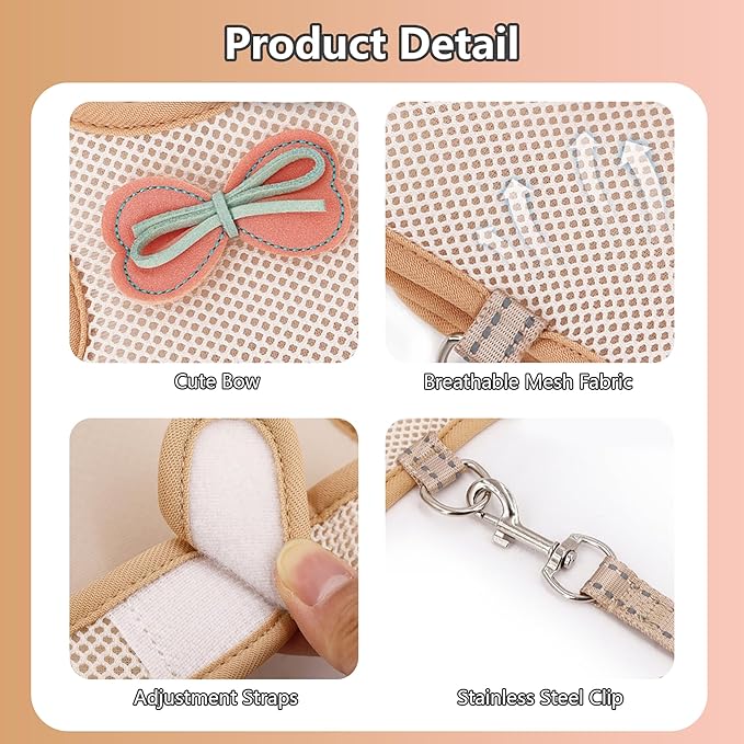 AIITLE Adjustable Rabbit Harness with Cute Bow - Breathable Vest, Anti-Escape Buckles, Reflective Leash for Training, Parties - Fits Rabbits, Hamsters, Mini Pets Beige L