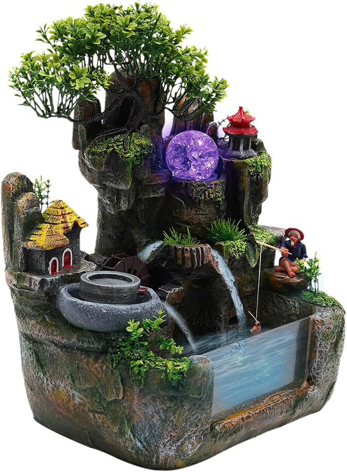 Indoor Fountain Rockery Tabletop Fountain with an Atomizer Elaxation | Water Feature Meditation Desktop Fountains for Home Office Decor or Gift 11.8'' x 7.87'' x 14.9'' with LED Light