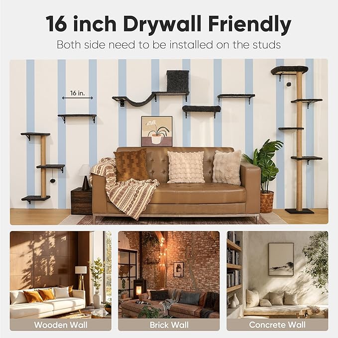 FUKUMARU Cat Wall Shelves, Stable & Safe 5 in 1 Cat Walls Furniture Set, Wooden Kitten Climbing Wall with Scratching Post for 16 Inch Drywall - Gray