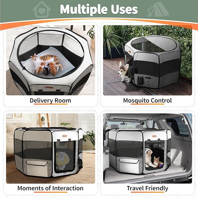 Seiyierr Dog Playpen, Portable Pet Playpen, Puppy Playpen, Cat Playpen with Carrying Case, Dog Playpen for Small Dogs Indoor/ Outdoor, Removable Mesh Shade Cover