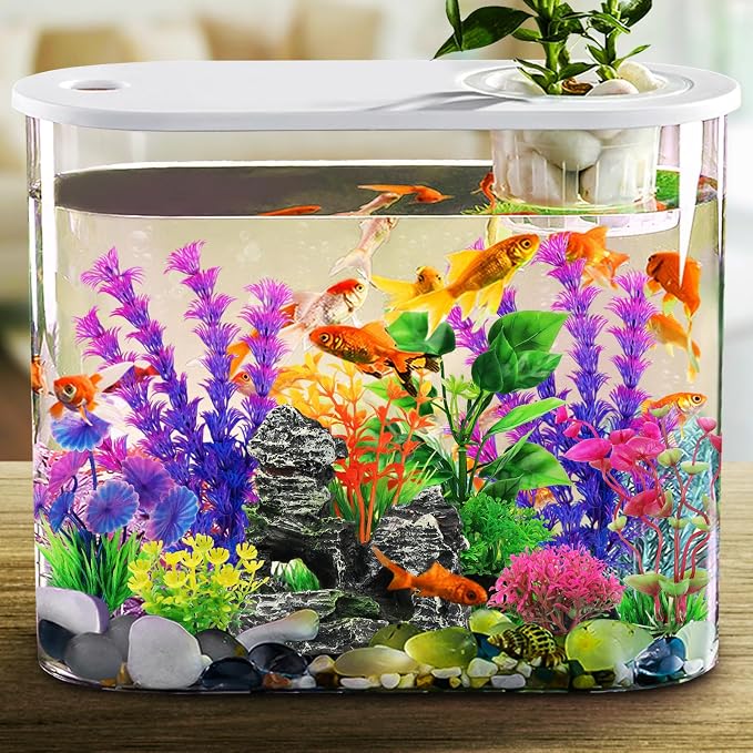QUOZUO Fish Tank Decor Aquarium Decor, 9pcs Colorful Fish Tank Accessories Artificial Plants and Cave Rock Decor Set, Aquarium Decorations Plastic Plants