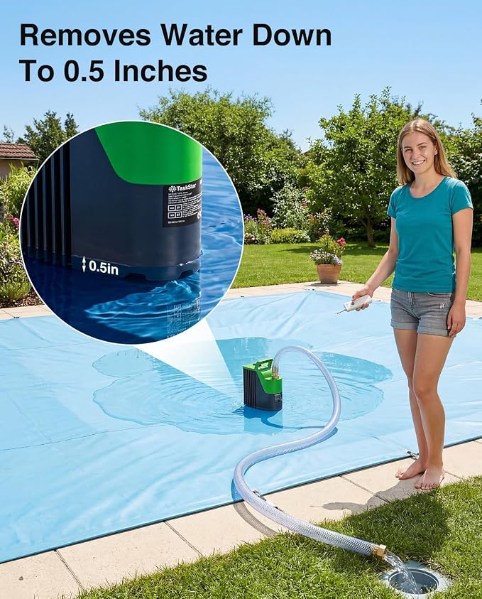 TaskStar Cordless Submersible Water Pump for Pool Cover & Basement | Smart Remote Control, 60-Min Continuous Runtime, 30FT High Water Lift, Portable Submersible Design for Hot Tub and Garden