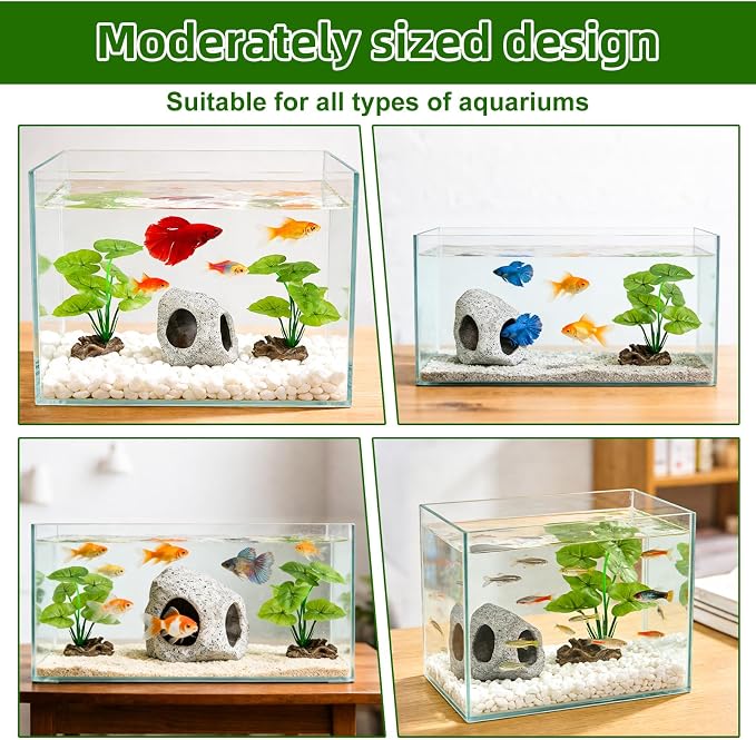 3pcs Fake Fish Tank Decor Set, Silk Realistic Aquarium Plants with Hideaway Rock Cave Fish Tank Accessories for Betta Goldfish Turtle Aquarium Decorations