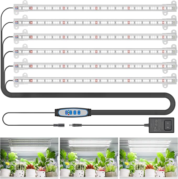 Wiaxulay 16in Grow Light Strip for Indoor Plants Growing, Full Spectrum 36W | 6 Bars-1 Pack, 360 LEDs Full Spectrum Plant Lights with 6/12/16 Hrs, 3 Switch Modes, 5 Brightness for Hydroponics Succulent