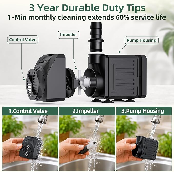 Reliable Waterfall Fountain Pump：Run 24/7 for Stable Circulation | 30W 550GPH 7.2ft Adjustable for 2-5ft 2-4 Tier Fountain & 185℉ Dry Burn Safe - 20dB Ultra Quiet Only Natural Water Sound