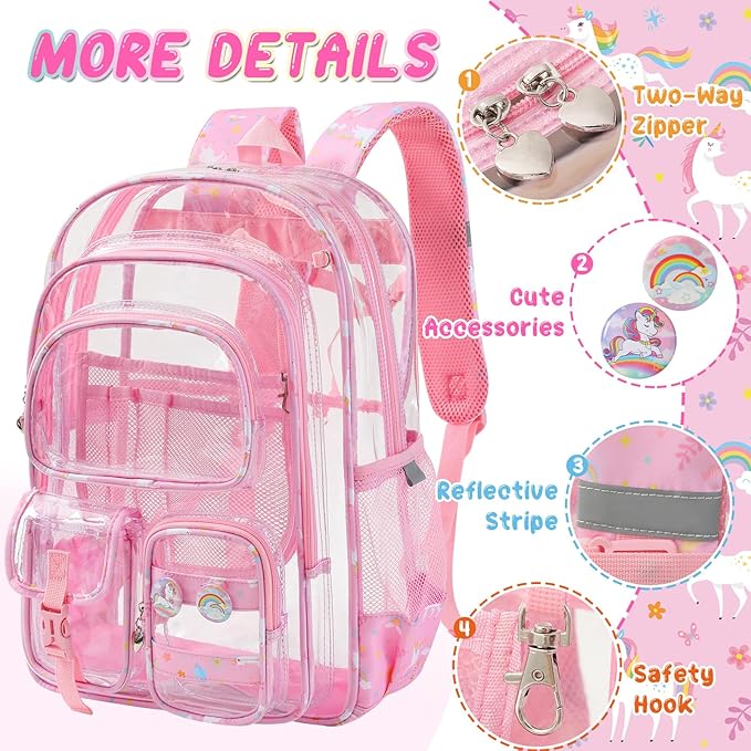 Clear Backpack, 17 inch Large Clear Bookbag with Cute Pin Accessories, Double Layer Heavy Duty See Through Backpack for School College Work Stadium Travel
