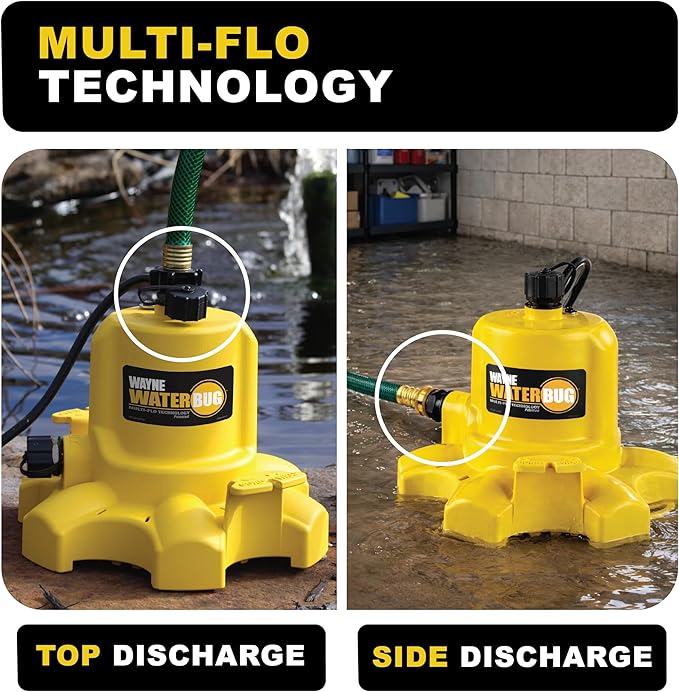 WAYNE - WaterBUG 1/6 HP 1350 GPH Submersible Pump with Multi-Flo Technology - Water Removal and Transfer Pump, Yellow