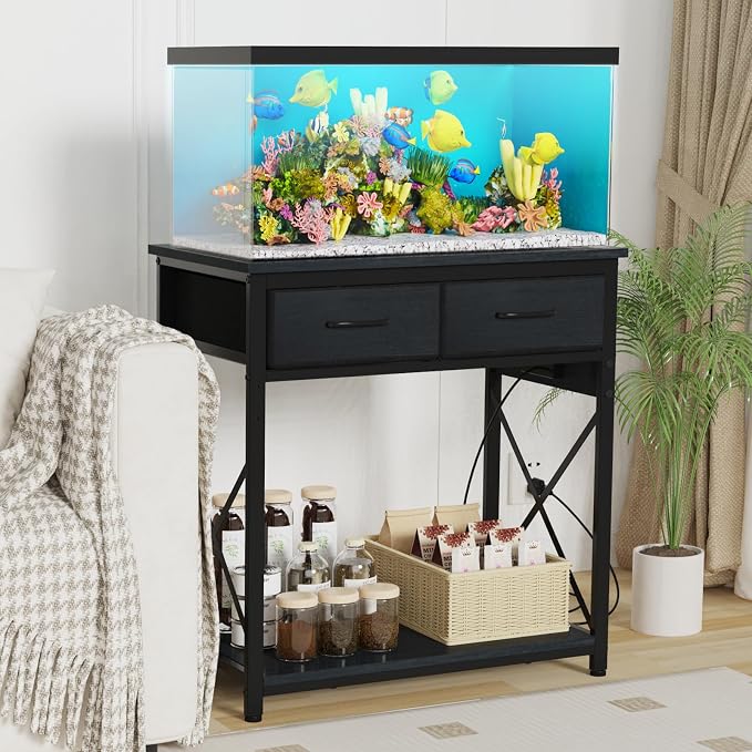 20-29-37 Gallon Fish Tank Stand, Black | Power Outlets, 2 Drawers