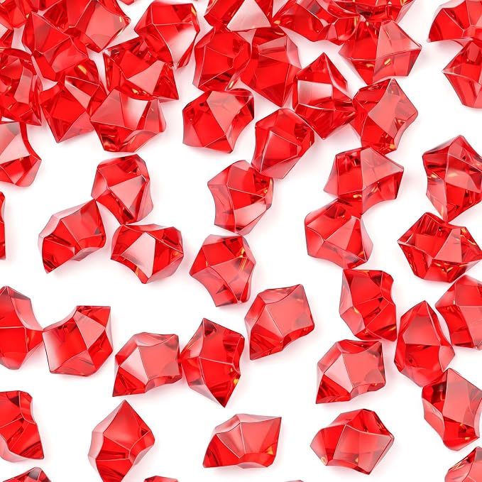 DOMESTAR Red Fake Ice Rocks, 150 PCS Acrylic Crystal for Vase Fillers | Fake Diamonds for Table Centerpieces Birthday Party Decor, Fish Tanks Decor Table Scatter DIY Craft Supplies