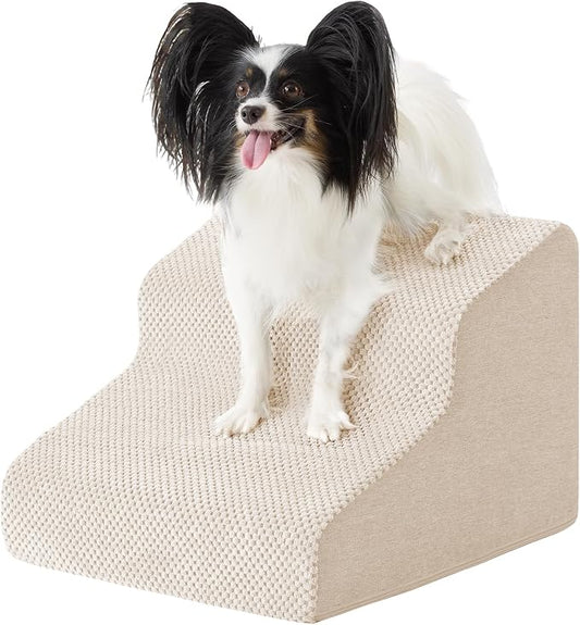 Dog Stairs for Small Dogs 11.5’’ H, 2-Step Dog Steps for Bed, Pet Stairs and Ramp for Dogs and Cats to Get on Beds, Couch, Non-Slip Balanced Pet Steps with Waterproof Cover, Beige